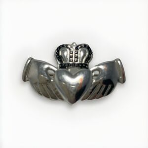 Vintage Claddagh Brooch Silver Tone Crown Heart Hands Irish Pin